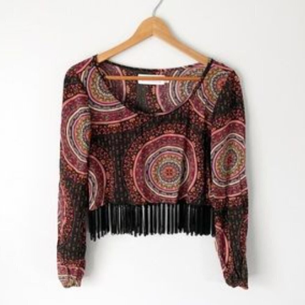 Gypsy Warrior Women's Size Small Crop Top Fringe Long Sleeve Mandala Print Black